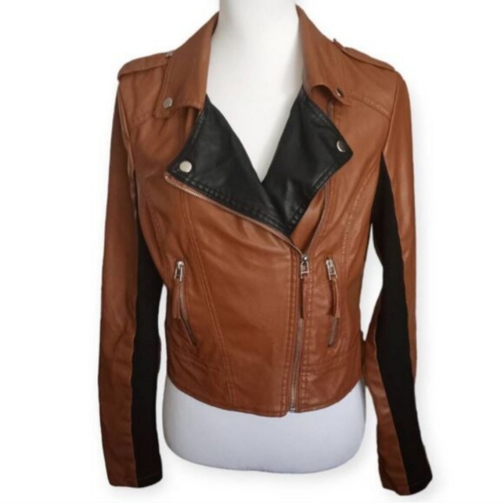 NEW LOOK COGNAC & BLACK MOTO JACKET SZ.L EUC. - Picture 2 of 9